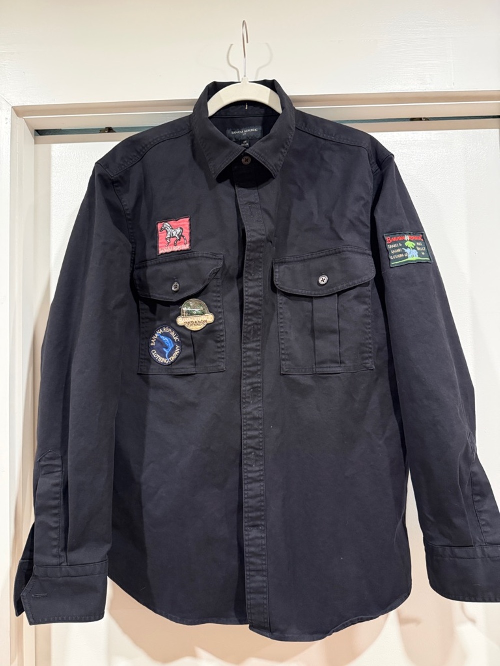 Banana Republic Navy Patch Pocket Shirt with Multicolor Embroidered Patches